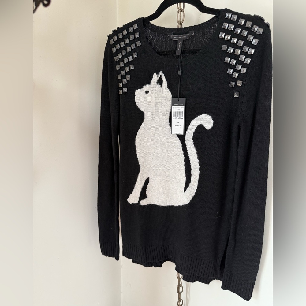 NWT BCBGMaxAzria Keri Black Sweater with White Cat Design and Studded Shoulders